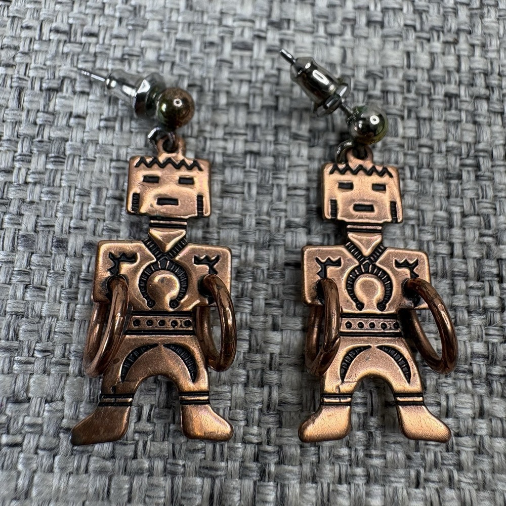 WM Co Copper Kachina Earrings Southwestern Tribal Drop Dangle Post Vintage Style